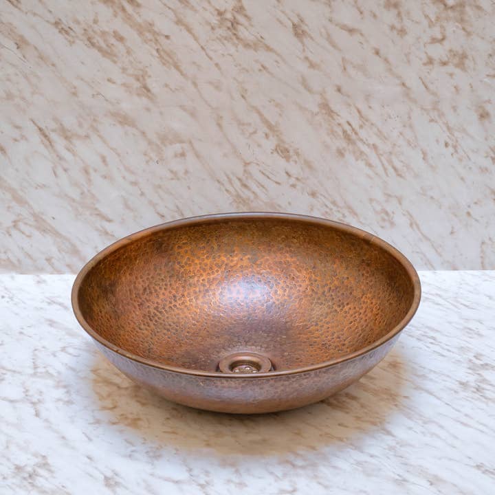 Round Copper Vessel Bathroom Sink , Vessel Hammered Copper Sink with free Faucet gift for wholesale by targa group