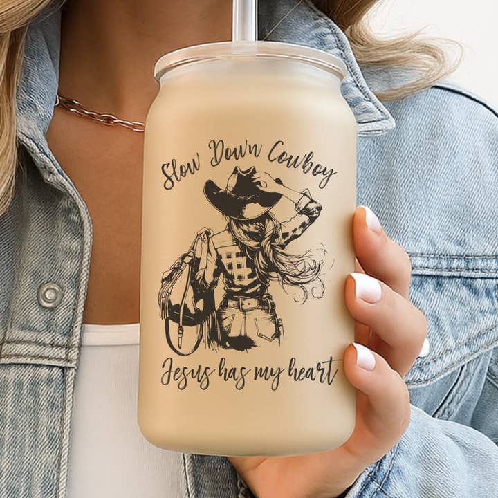 Jesus Cowgirl Christian Glass Cup for wholesale by KBlessCo