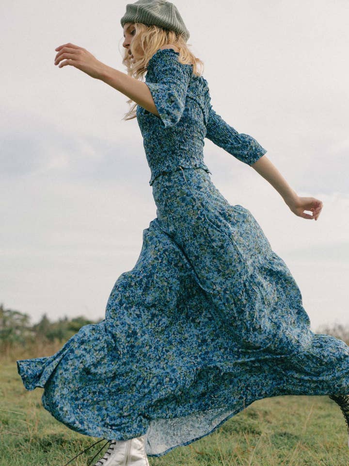 The Sky High Waisted Maxi Skirt - Floral Explosion Blue for wholesale by State of Georgia