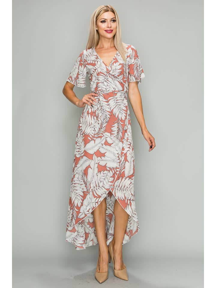 Pink Short Sleeve Kimono Tropical Wrap Maxi Dress for wholesale on Faire