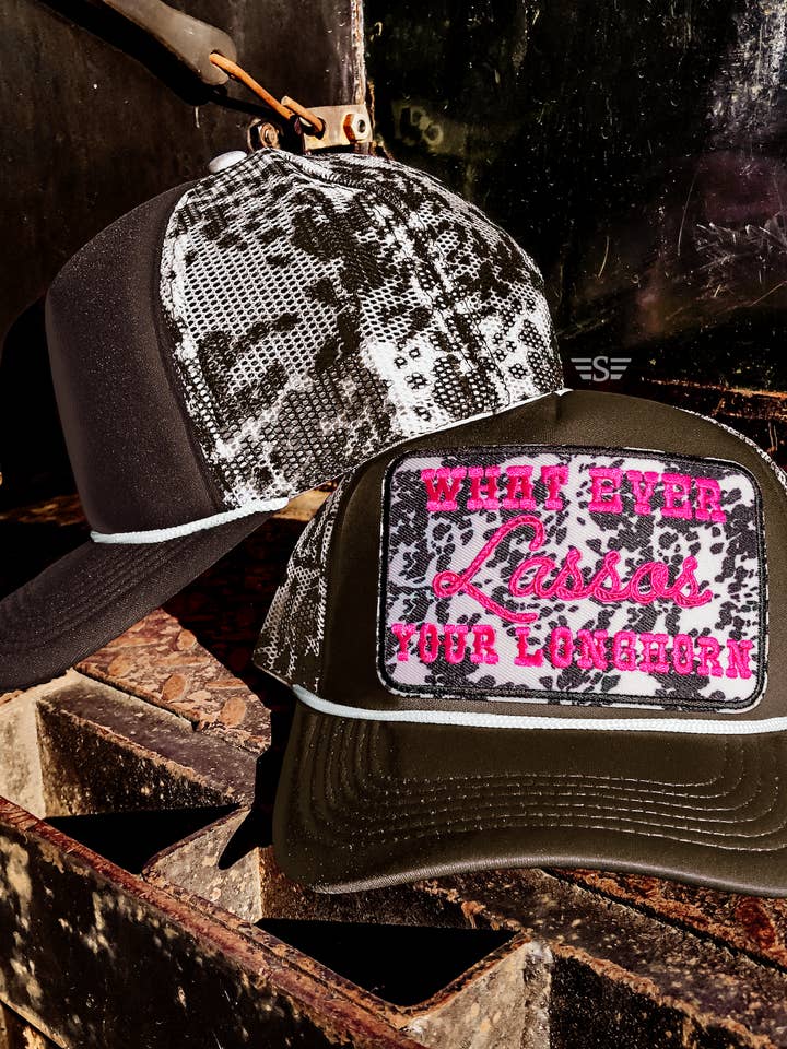 Lasso Your Longhorn Cow Print Trucker Cap for wholesale by Flying S Company