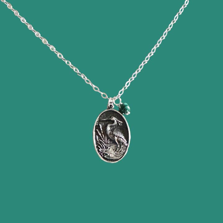 Blue Heron with Malachite Necklace, sterling silver for wholesale by Jackie Gallagher Designs - Handmade Coastal Jewelry