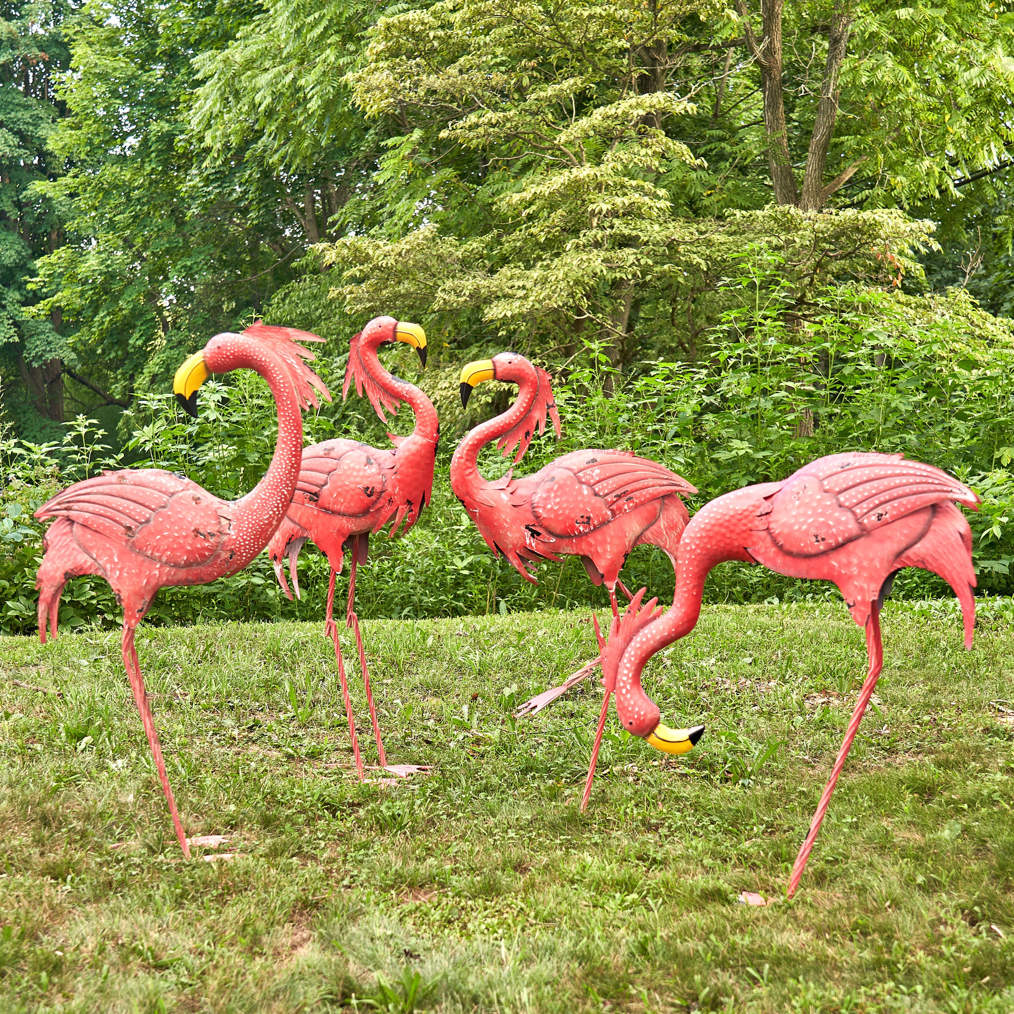 Zaer Ltd. International - Wholesale Outdoor Ornament/Decor - 40.25" Tall Bright Pink Iron Flamingos- 4PC/Set7