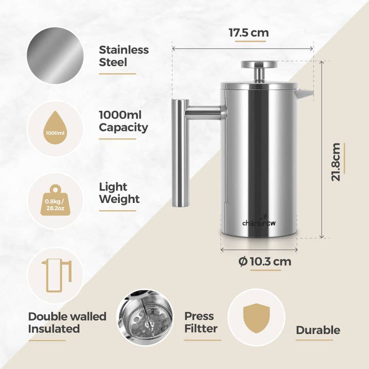 Charbrew Tea & Coffee - Wholesale French Press - Stainless Steel Cafetiere French Press Coffee Maker 1000ml