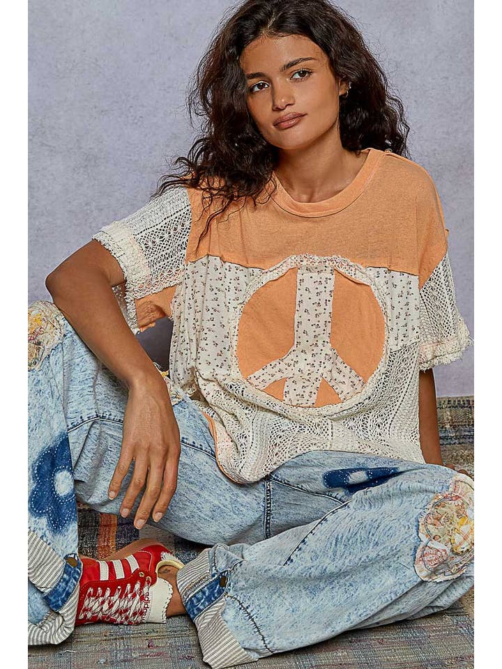Pol Clothing - Wholesale Knit Top - Women's - Oversize round neck crochet print peace mark top SALE