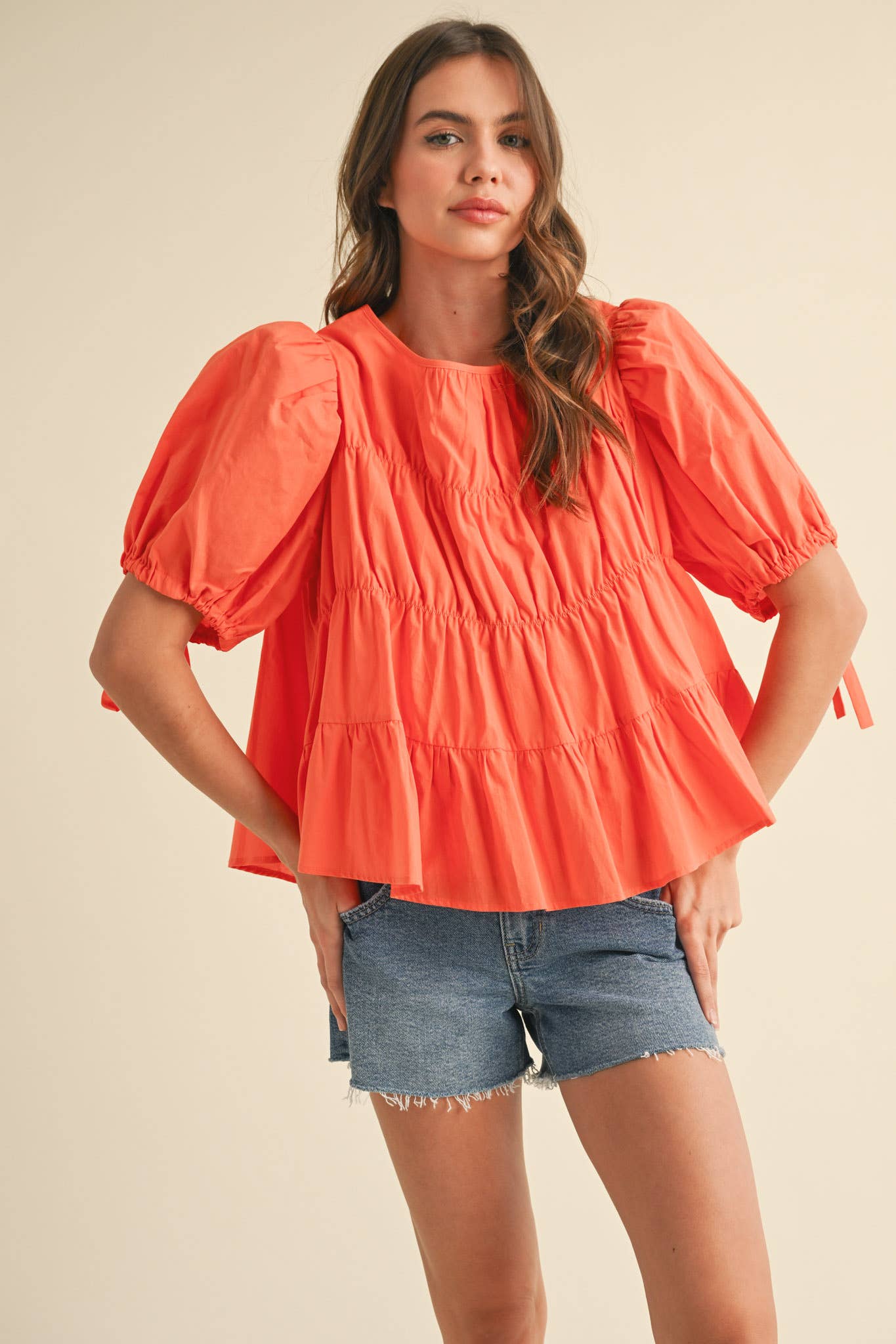 &MERCI - Wholesale Blouse - Women's - TIERED SHIRRING PUFF SLEEVE TOP MTP308164
