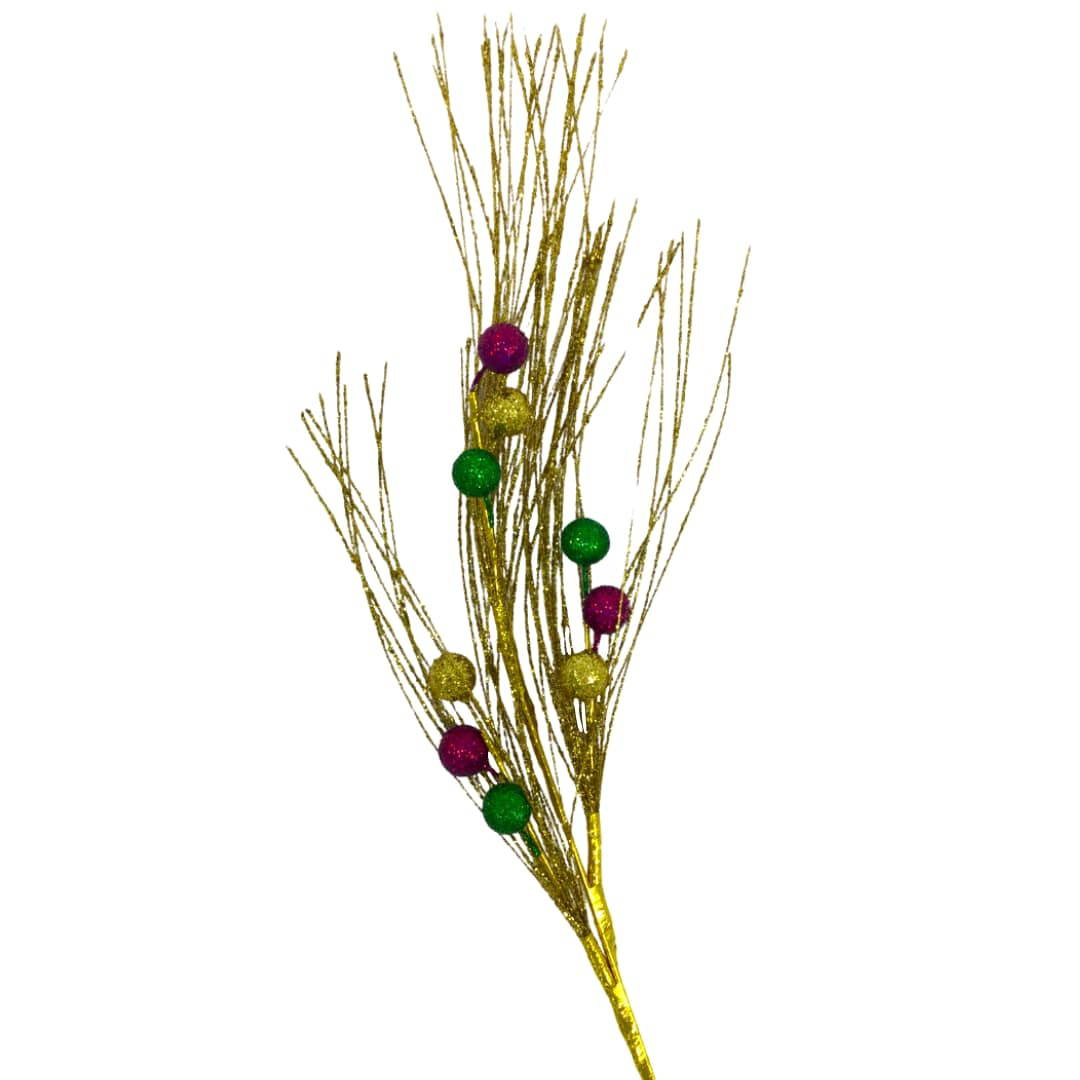 Plush Appeal LLC - Wholesale Artificial Flowers - 29" Purple, Green, and Gold Mardi Gras Glittered Ball and Wisps Spray (Each)0