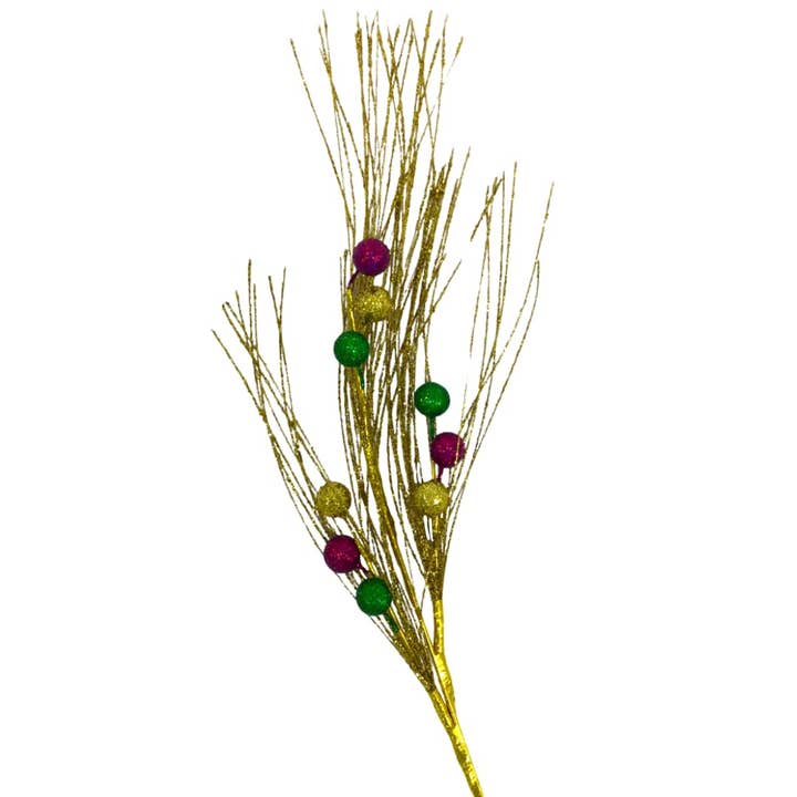 Plush Appeal LLC - Wholesale Artificial Flowers - 29" Purple, Green, and Gold Mardi Gras Glittered Ball and Wisps Spray (Each)