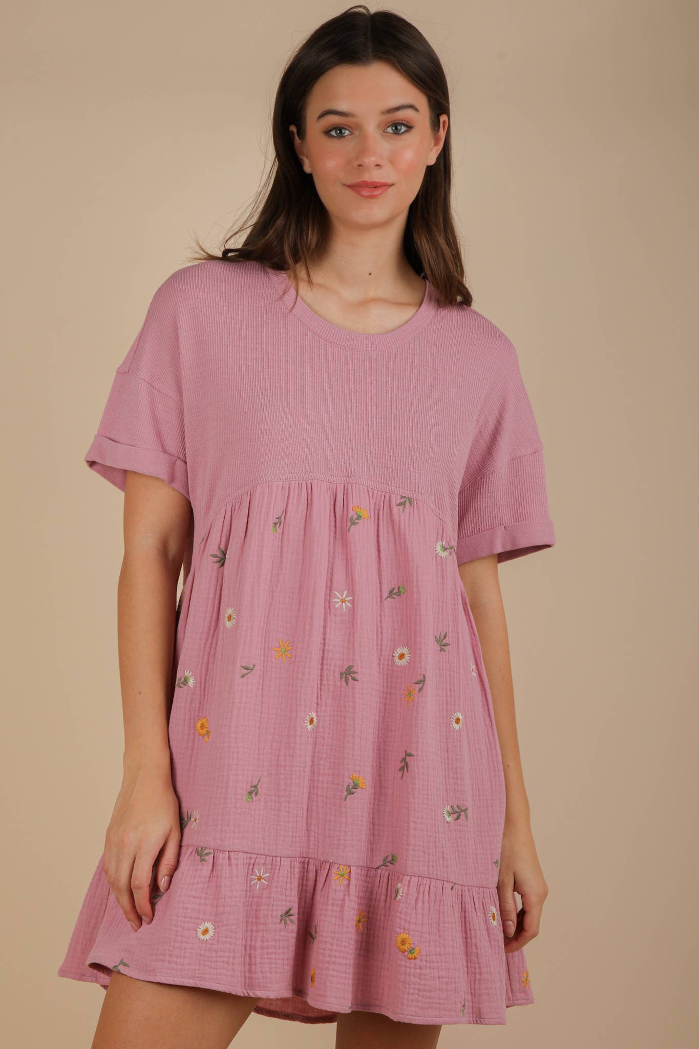 VERY J - Wholesale Dress - Women's - ND31718-Oversized Floral Embroidered Knit Mini Dress17