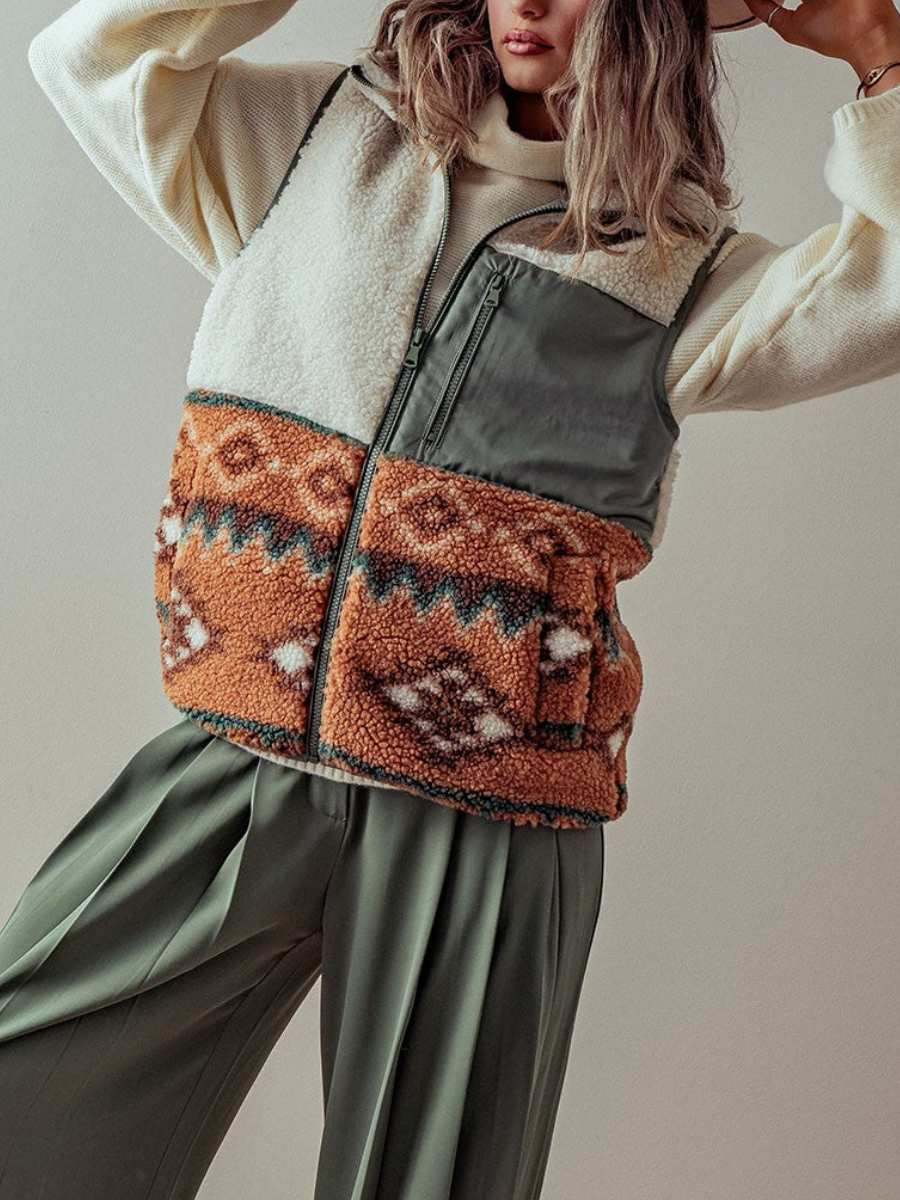 olive Aztec pattern Western Sherpa Fleece Zip up Vest for wholesale on Faire4