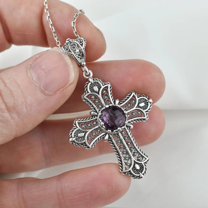 Filigranist Jewelry – wholesale Pendant/charm necklace – Sterling Silver Filigree Art Multi Gemstone Cross Necklace1
