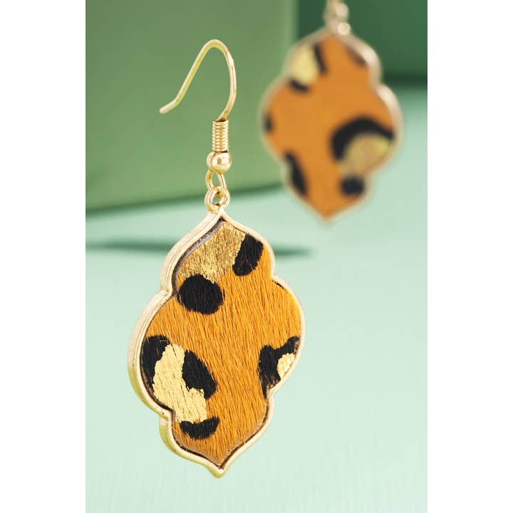 Mustard WGYL Genuine Leather Leopard Print Quatrefoil Earrings for wholesale on Faire