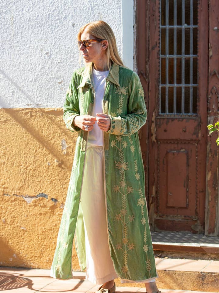 Silk velvet embroidered kimono for wholesale by Sanjanaandme