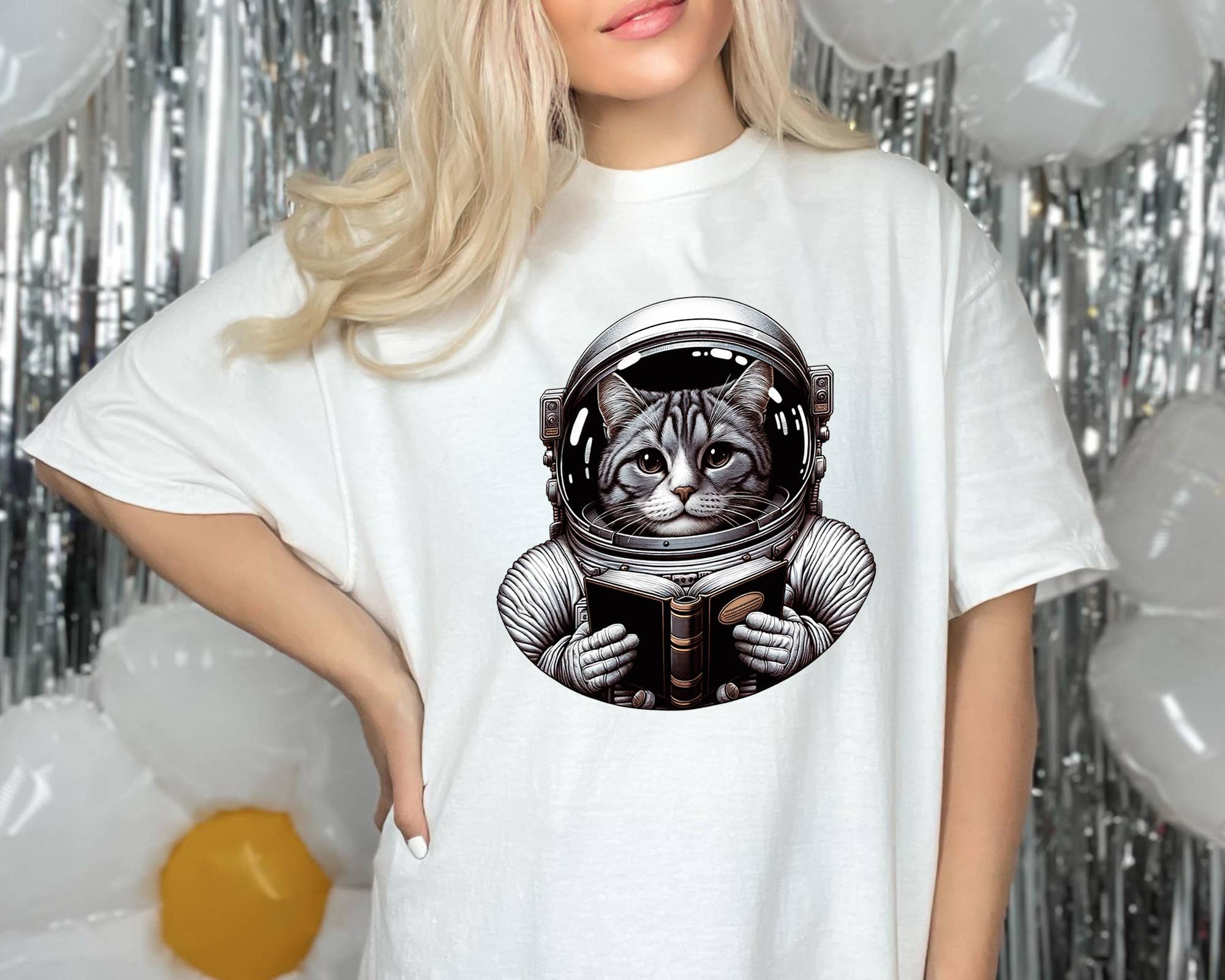 Vivtrek - Wholesale Screen Printed T-Shirt - Women's - Cute Cat Bookworm Astronaut Reading Book Reader T-Shirt1