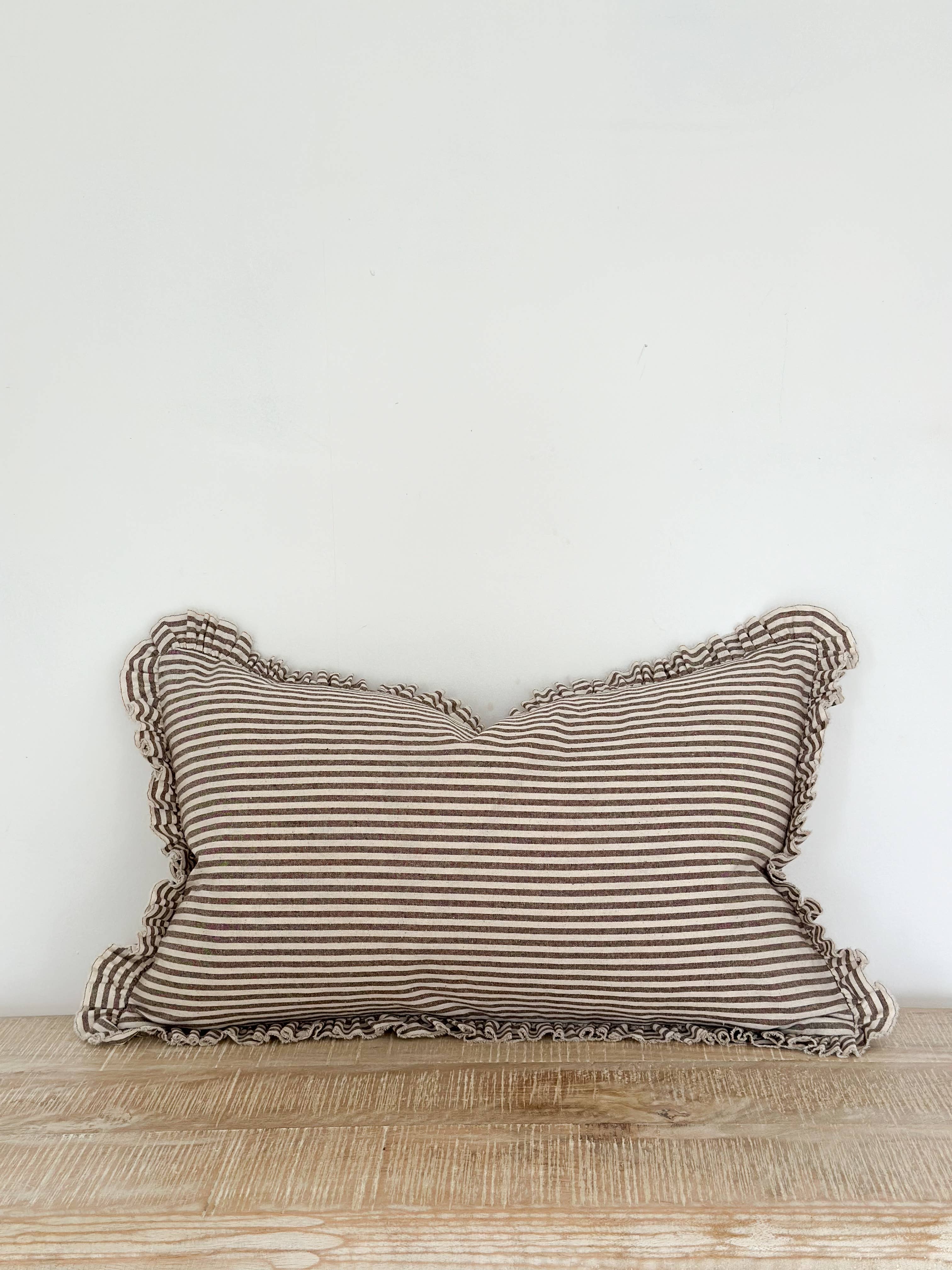 Ellenvale Trade - Wholesale Chair Cushion - Darcy  Ruffle Cotton Cushion Cover 50x30 – Dark Brown Stripe1