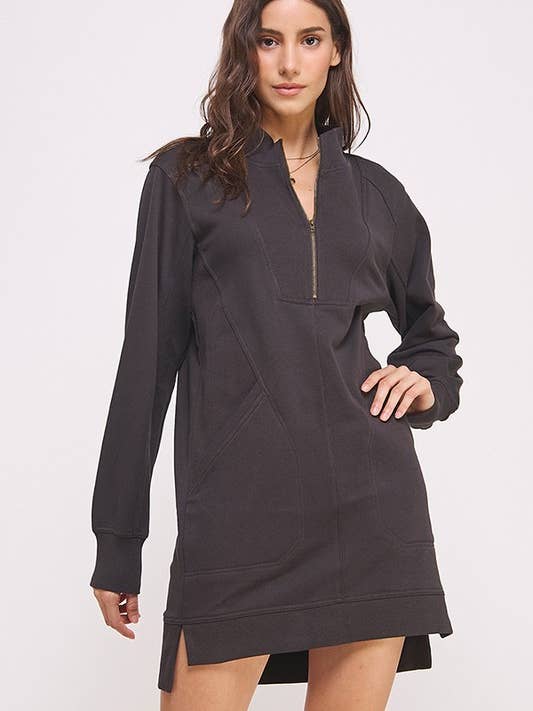 LONG SLEEVE CONTRAST FABRIC ZIPPERED SHORT DRESS for wholesale by JADE BY JANE