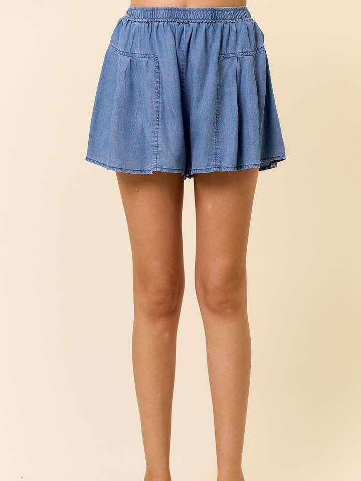 Tencel Denim Elastic Waist Pintuck Wide-Leg Shorts - 8822P for wholesale by Doe and Rae