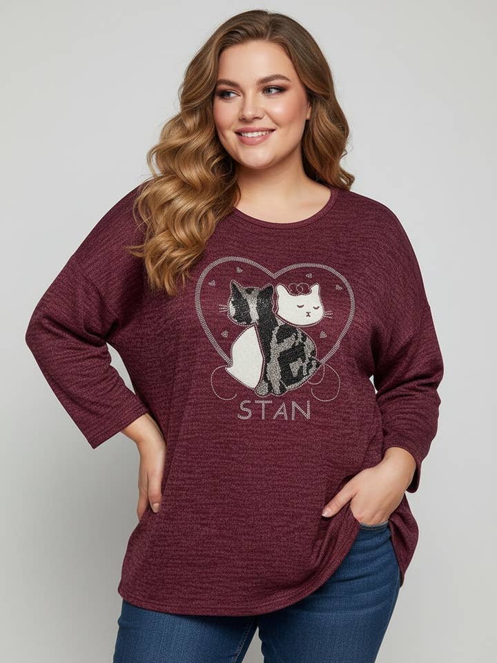 Plus size red sweater with cat pattern (T9818A) for wholesale by Pomme Rouge Paris