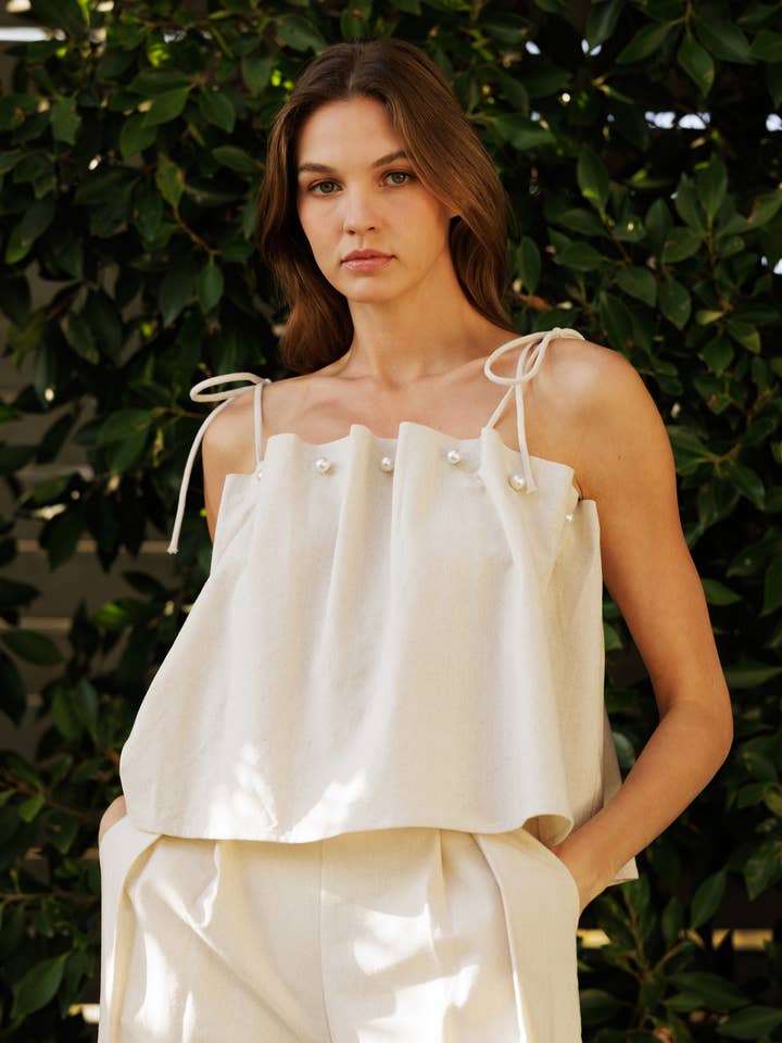 Pearl Embellished Linen Top for wholesale on Faire