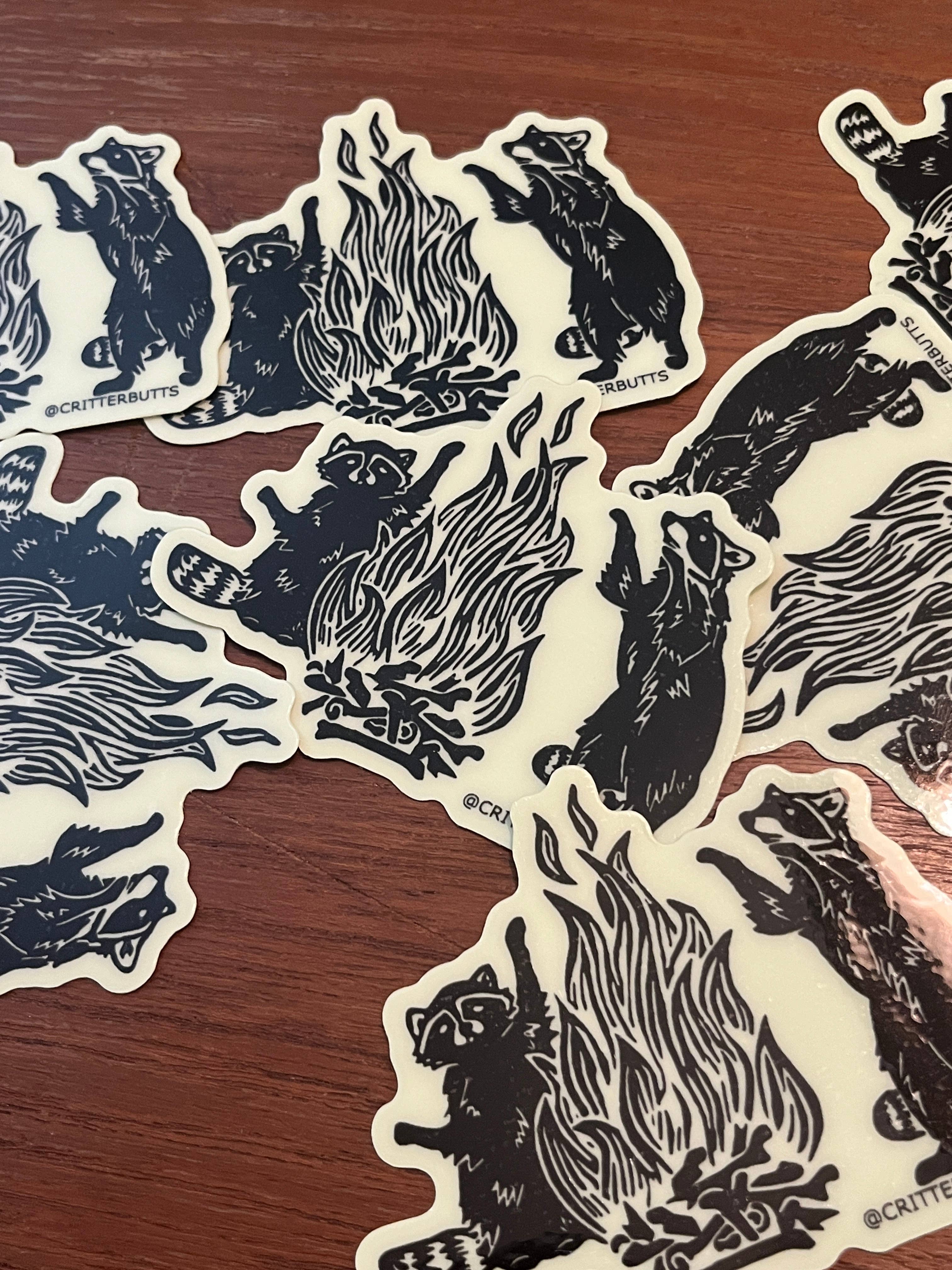 Critter Butts - Wholesale Phone & Laptop Stickers - Glow in the dark Raccoon Bonfire Sticker2