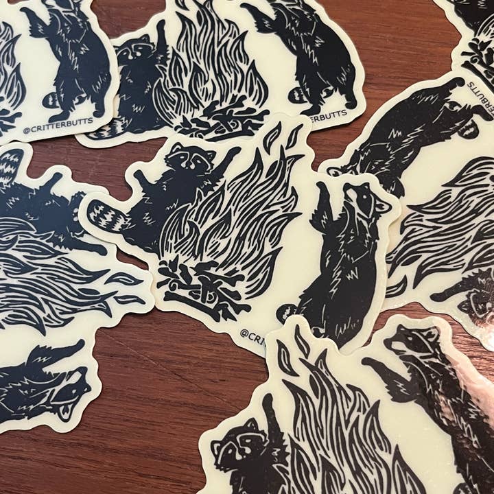 Critter Butts - Wholesale Phone & Laptop Stickers - Glow in the dark Raccoon Bonfire Sticker2