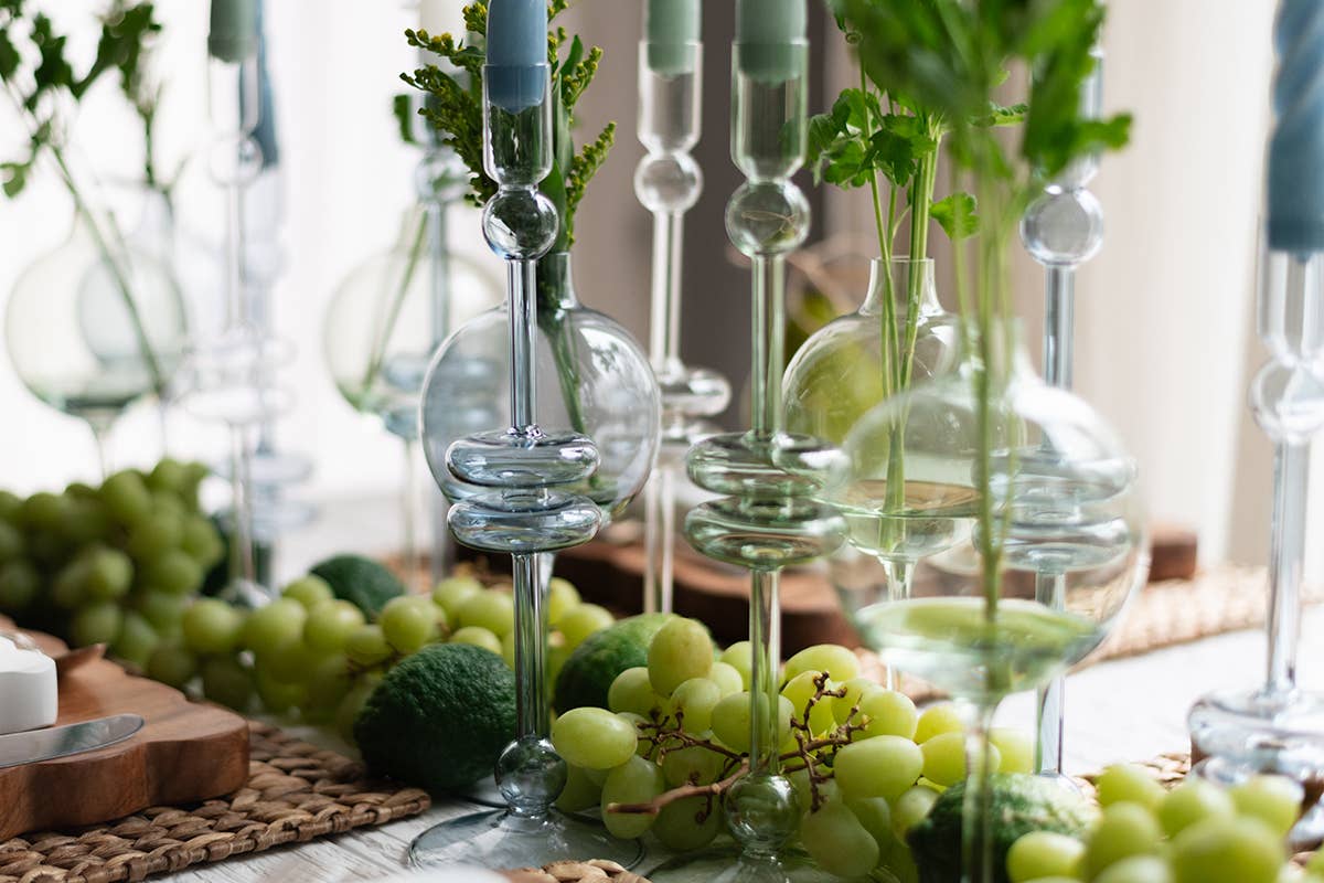 etúHOME - Vendita all'ingrosso Portacandele - Coppia di candelabri in vetro, medi, salvia5