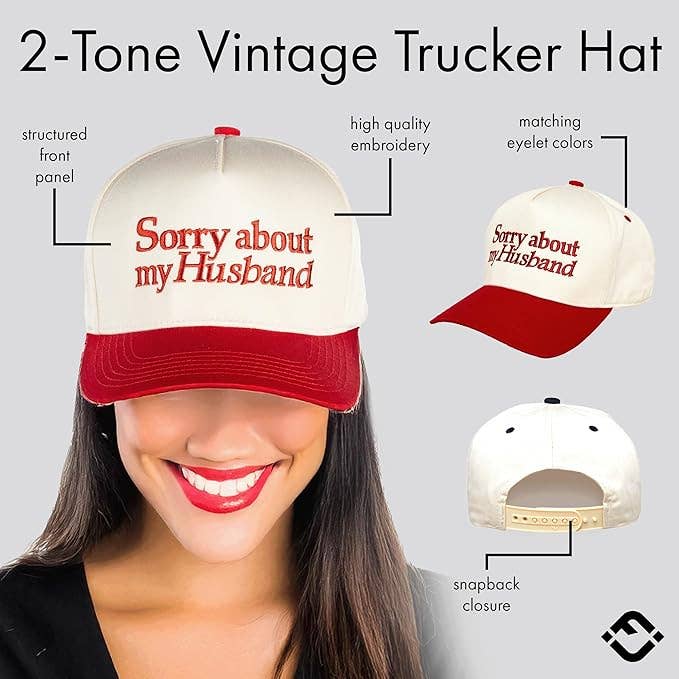 Funky Junque - Wholesale Trucker Hat - Women's - Two Tone Cap -  Sorry About My Husband - Beige/Red2