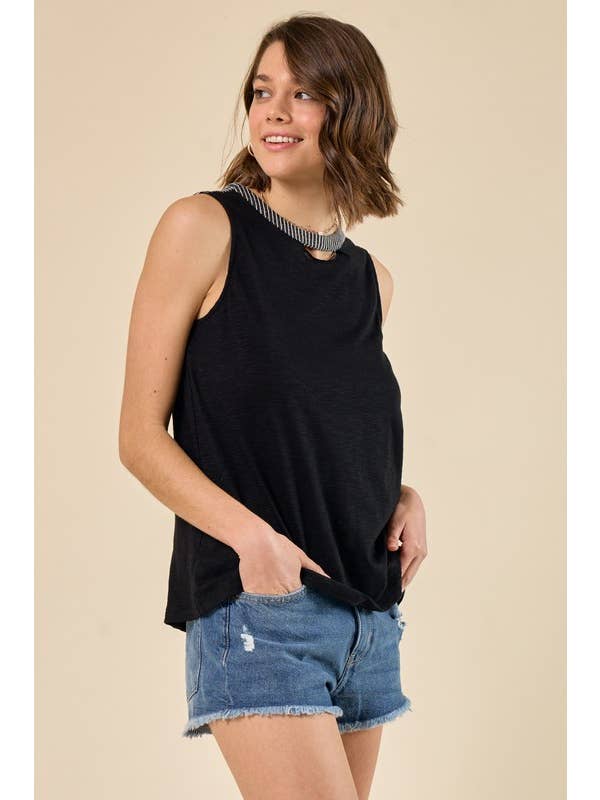 Doe and Rae - Wholesale Tank Top - Women's - Slub Knit Cutout Muscle Tank, Woven Stripe Details - 14754T