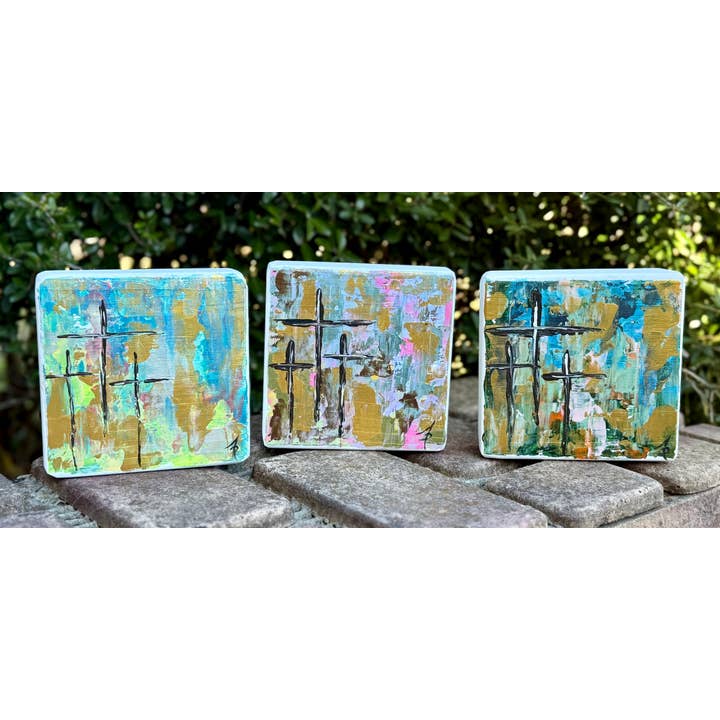 Korskonst tre kors abstrakt målad träblock för wholesale av Framesaplenty