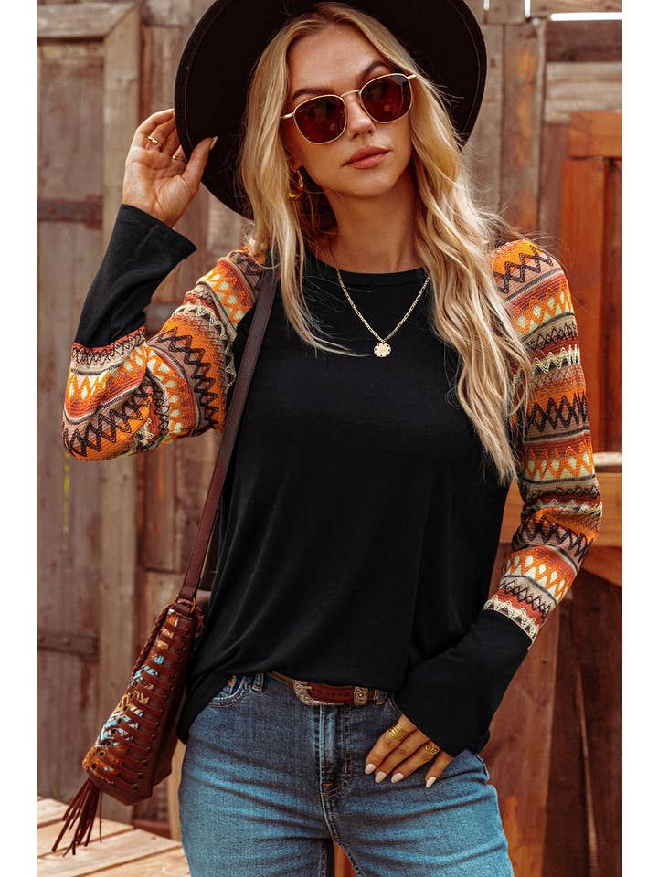 AS SHOWN Fashion-W Western Fall Geo Raglan Patchwork Long Sleeve Tee for wholesale on Faire