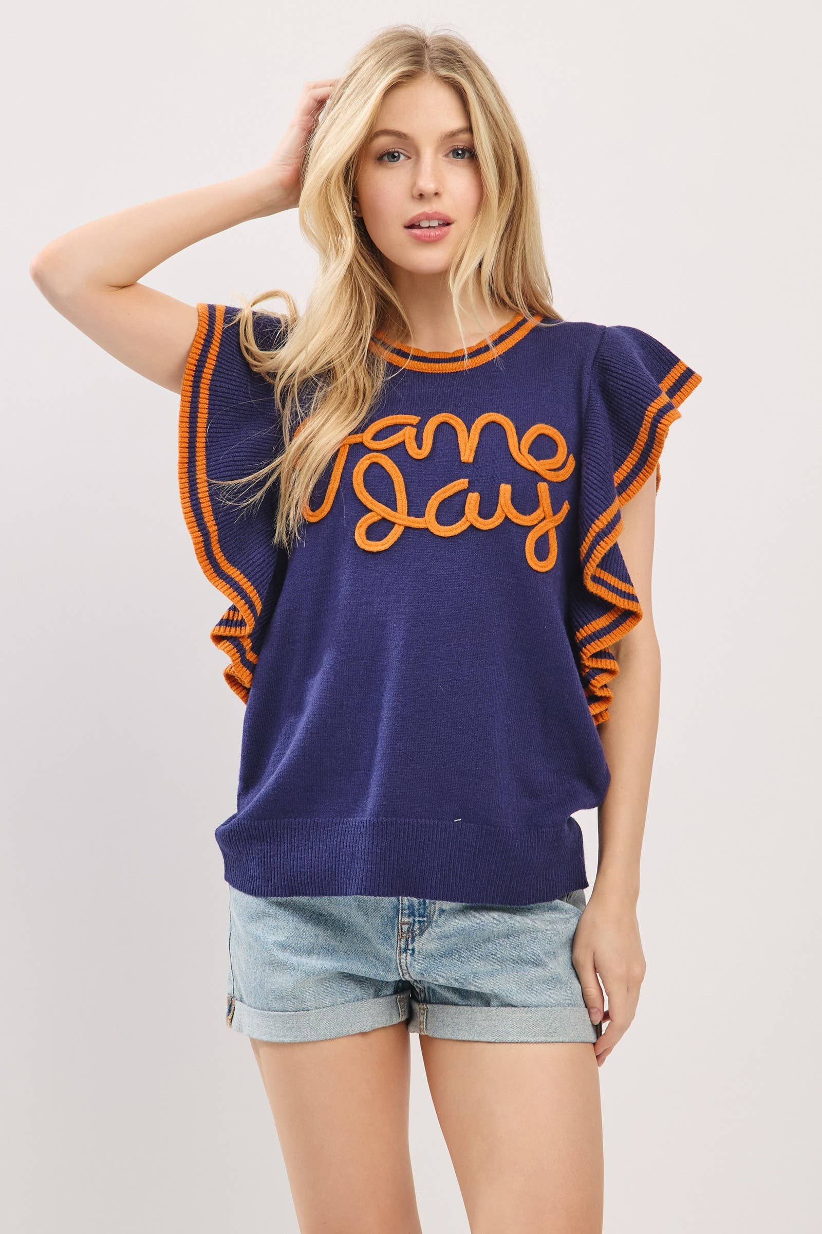 Sewn and Seen - Vente Haut en maille – femme - Haut en maille de jour de match à manches volantées style universitaire20