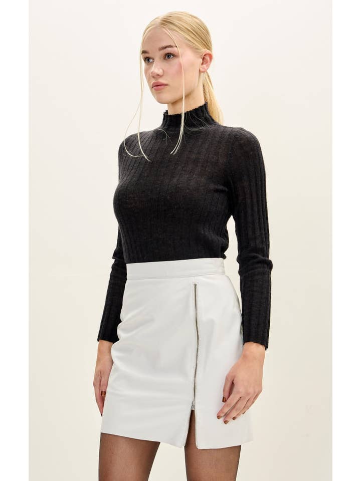Women’s Lambskin Leather Zippered Slit Mini Skirt - White for wholesale on Faire