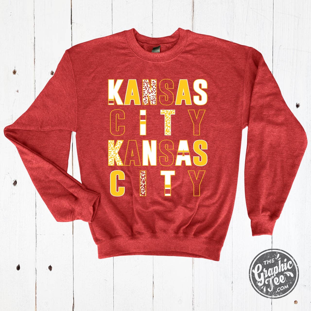 *WHOLESALE* Kansas City Multi Pattern Letters Heather Sport Scarlet Crewneck Sweatshirt for wholesale on Faire2