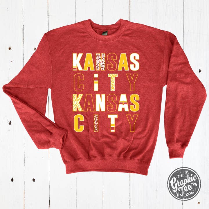 *WHOLESALE* Kansas City Multi Pattern Letters Heather Sport Scarlet Crewneck Sweatshirt for wholesale on Faire2