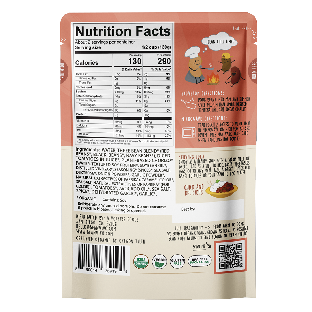 BeanVIVO Organics - Vente Plats préparés à longue durée de conservation - Haricots biologiques - Chili végétalien aux trois haricots (pack de 6)5