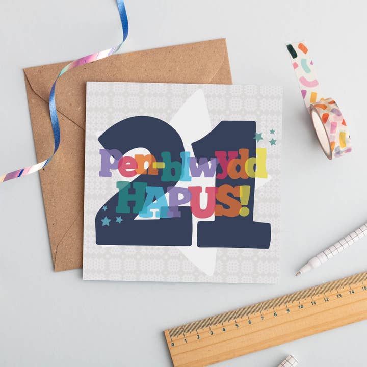 Carte d'anniversaire 'Pen-blwydd hapus 21' pour la vente par Draenog