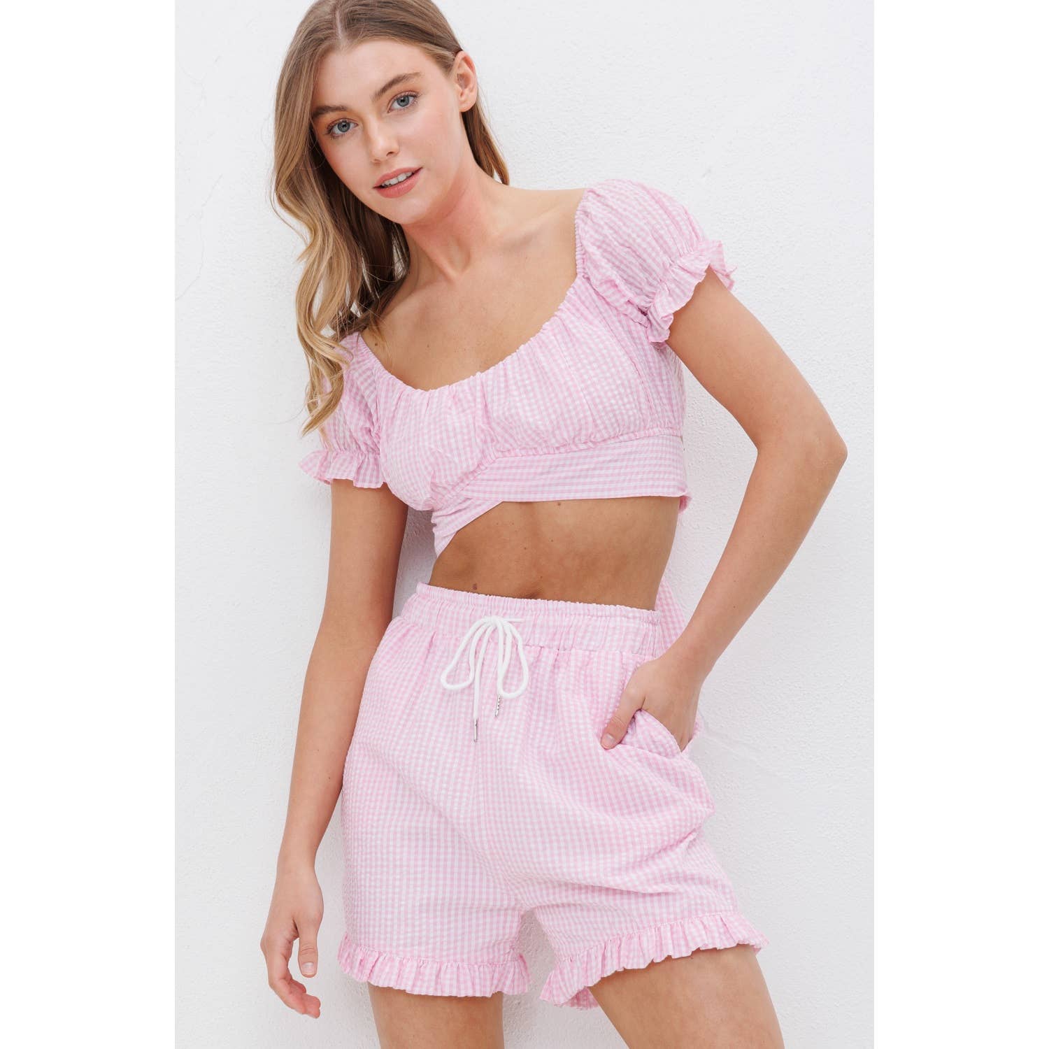 Sweet Generis - Wholesale Shorts - Women's - RUFFLED GINGHAM SHORTS  WITH TIE11