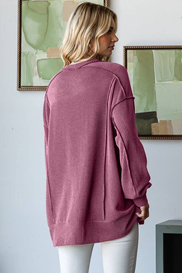 7th Ray - Wholesale Tunic - Women's - [PLUS SIZE]Rib VStitch Drop Shoulder Long Sleeve Top T5668XL1