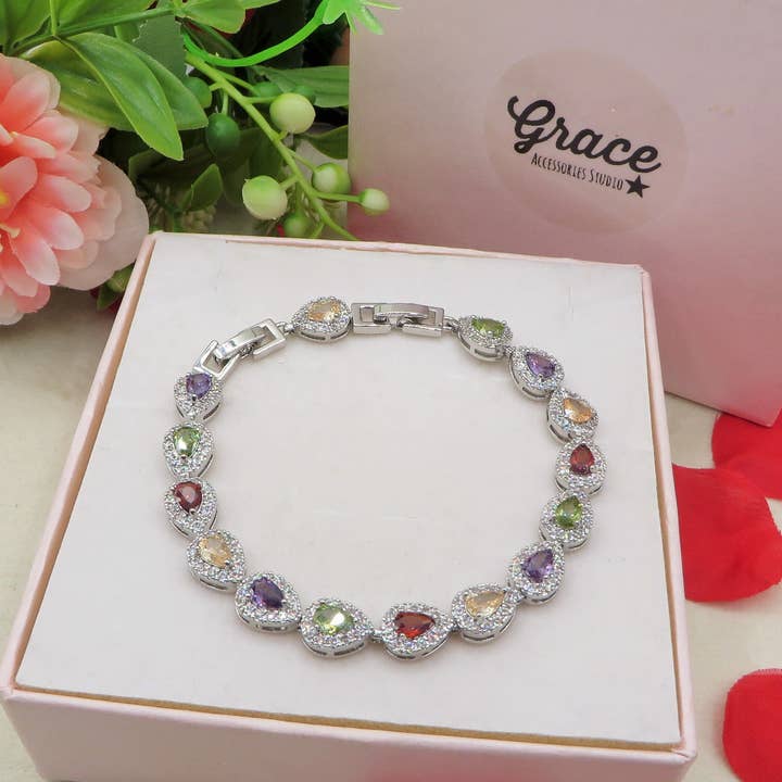 LORELEI RAINBOW - Bracelet Tennis avec Zircon Cubique en forme de goutte pour la vente par Daemon srls