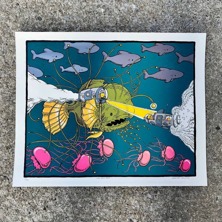 Way Down Deep Screen Print, Angler Fish Art Print, 16x20 for wholesale by everyday balloons print shop