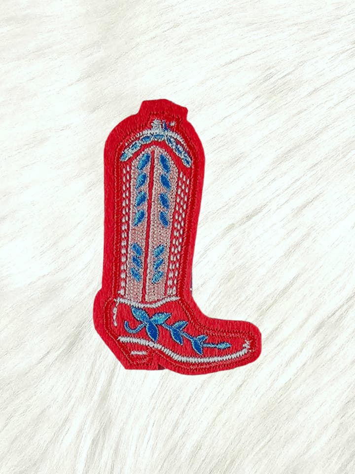 Red Blue USA Cowgirl Boot Felt Embroidery Iron On Patch for wholesale by Scratch Decor