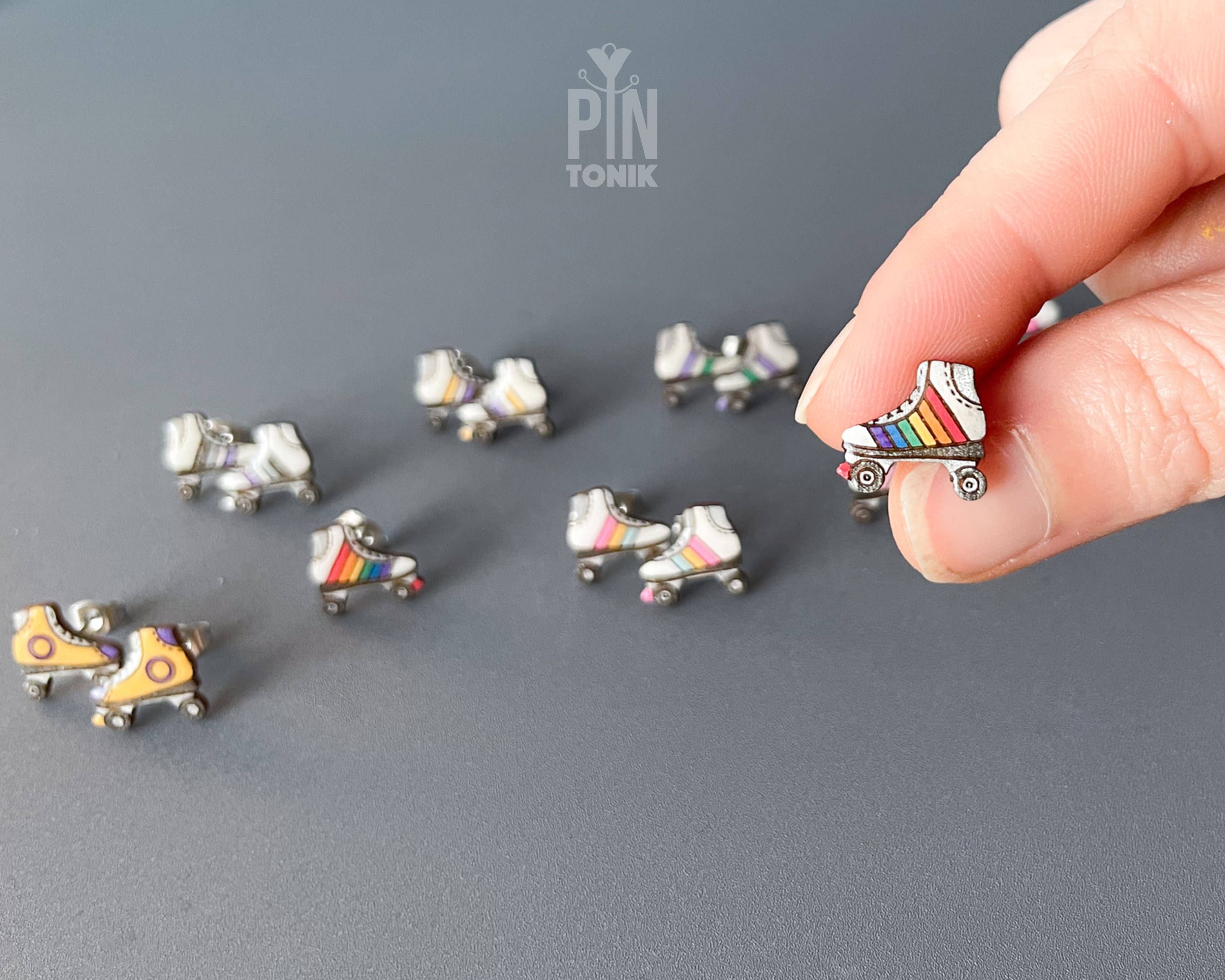 PinTonik - Wholesale Stud/Post Earrings - Retro Roller Skate Pride Flag Wood & Stainless Earrings5