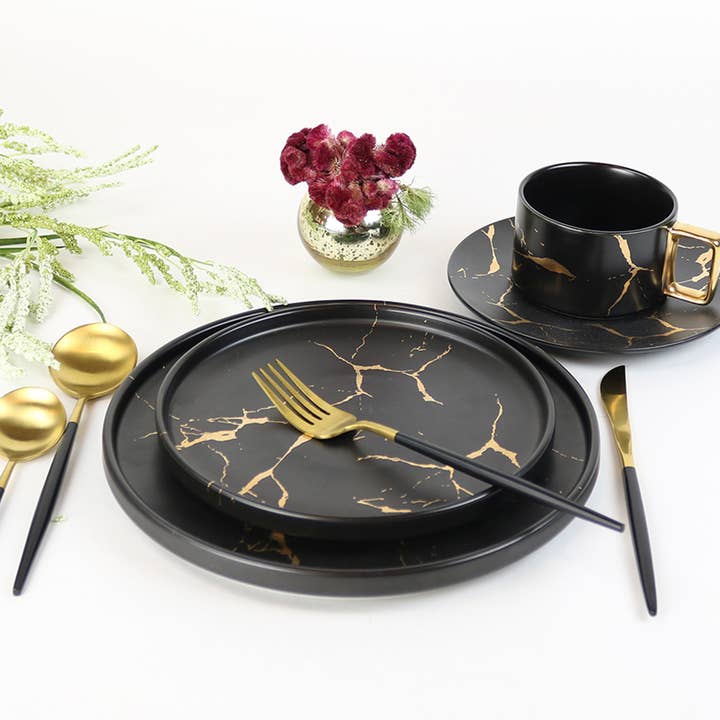 Gold Veined Black Mug & Saucer for wholesale by Little White Dish