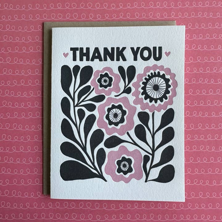 Thank You Pink Flowers - Letterpress-Karte für den Großhandel von Lucky Bee Press