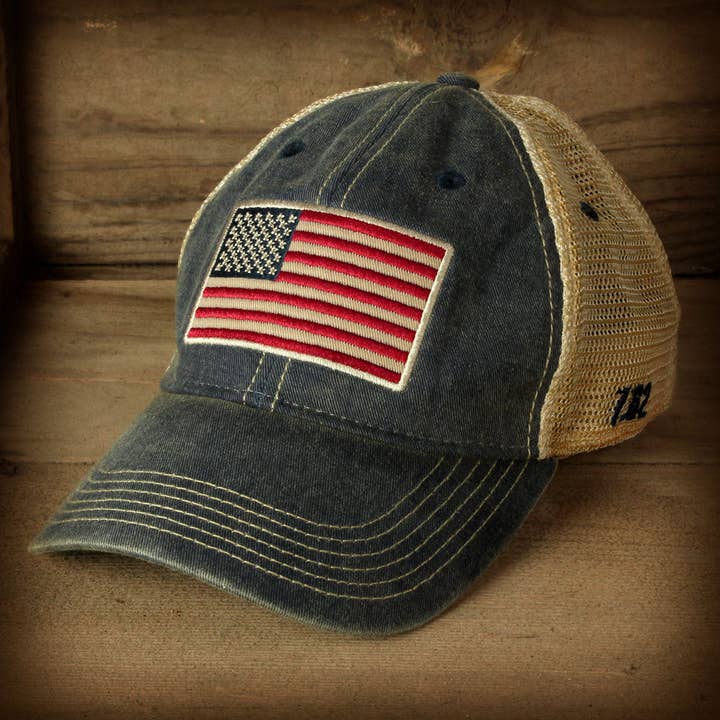 Navy American Flag Vintage Trucker Hat for wholesale on Faire1