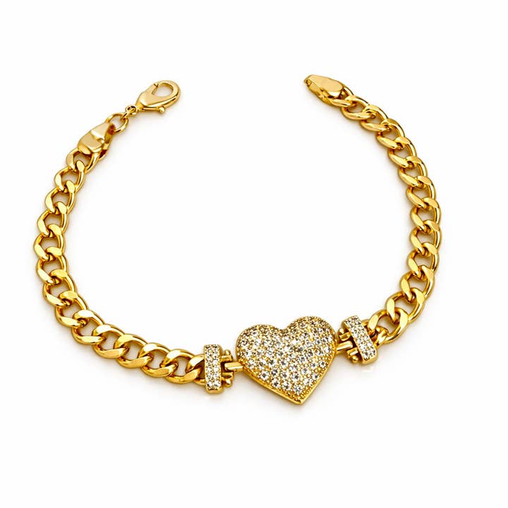 Gold Plated Brass 19 cm Heart CZ Cuban Bracelet | Wholesale for wholesale by DV Jewel
