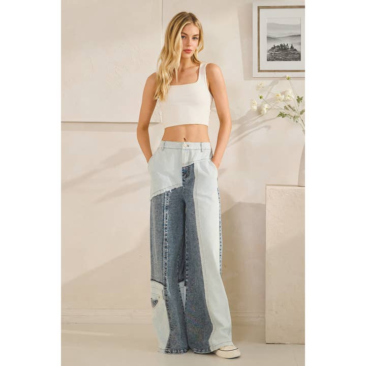WASHED CONTRAST DENIM MIX BAGGY STRAIGHT JEANS for wholesale on Faire1
