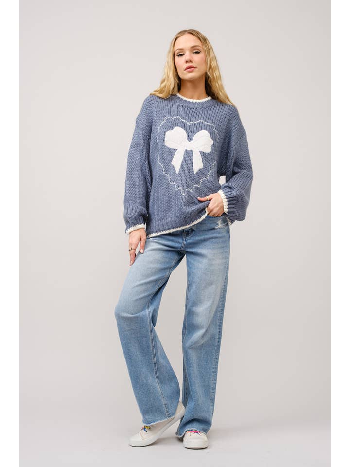 NAVY 18097W - Bow Embroidered Loose Fit Sweater for wholesale on Faire