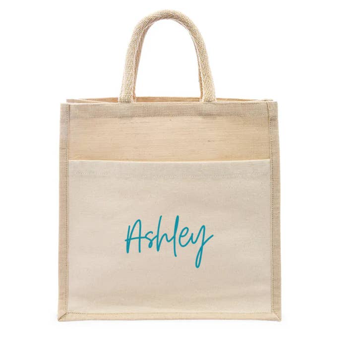 Weddingstar Inc. - Wholesale Tote Bag - Women's - Medium Woven Jute Tote Bag With Pocket - Script Font6