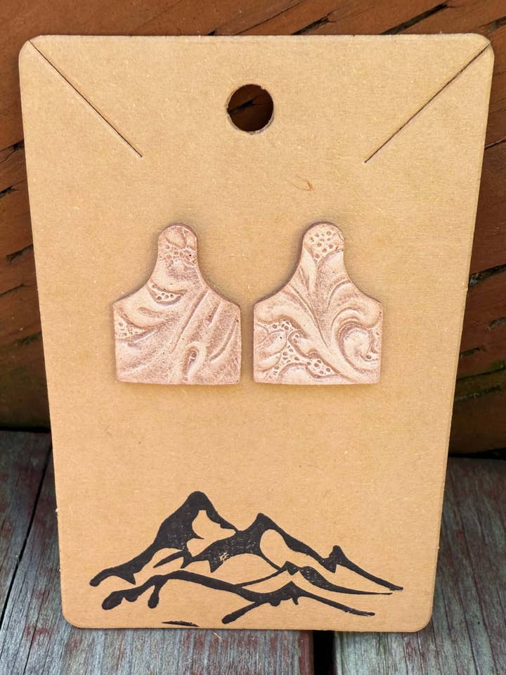 Leather Mini Cow Tag Post Earrings for wholesale by Wild Mountain Fringe
